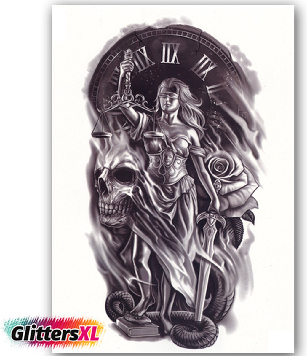 GlittersXL - Temporary Tattoo Justitia (A5 formaat) [Neptattoo - Tijdelijke tatoeage - Nep Fake Tattoos - Water overdraagbare festival sticker henna outfit tattoo - Glitter tattoo - Volwassenen Kinderen Jongen Meisje]